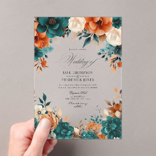 Trouwfeest met turquoise, verbrande oranje en cham acryl uitnodigingen
