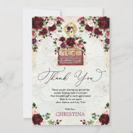 Trouwfeest met vintage reizen roodroze bloemen bedankkaart