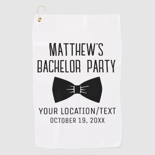 Trouwfeest met zwarte strik voor vrijgezellenfeest golfhanddoek (Voorkant)