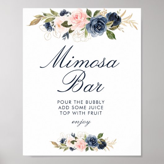 Trouwfeest 'Mimosa Bar' bord in navy & blush bloem Poster (Voorkant)