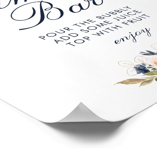 Trouwfeest mimosa bar bord met navy & blush bloeme poster (Hoek)