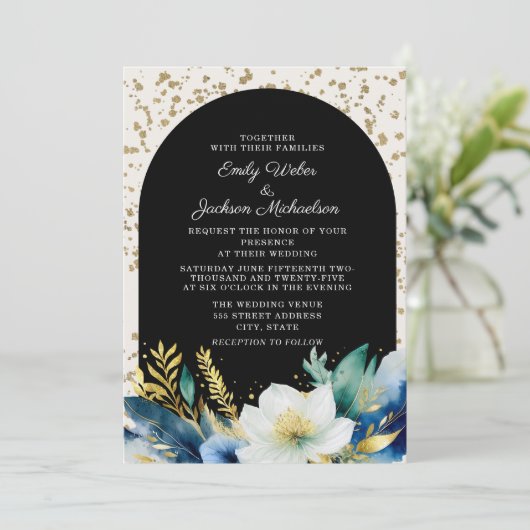 Trouwfeest Navy Wit Gouden Bloem Boog Glitters Kaart (Staand voorkant)