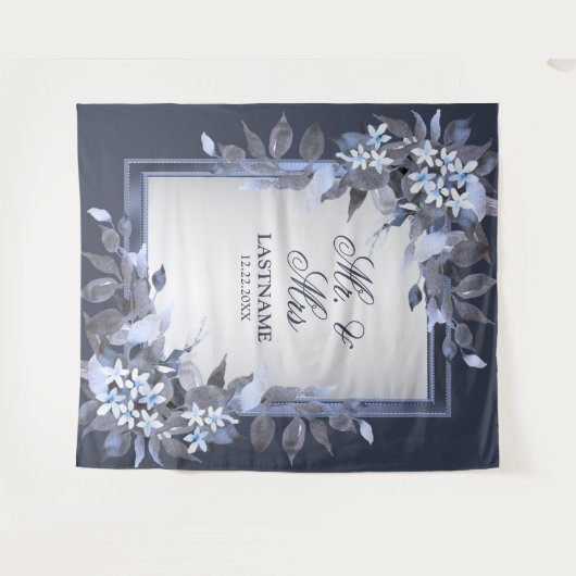 Trouwfeest Navyblauw Bloemmotief Zilver Grijs Mode Wandkleed (Voorkant (horizontaal))
