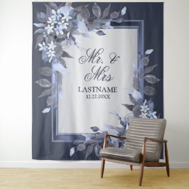 Trouwfeest Navyblauw Bloemmotief Zilver Grijs Mode Wandkleed