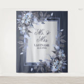 Trouwfeest Navyblauw Bloemmotief Zilver Grijs Mode Wandkleed (Voorkant)