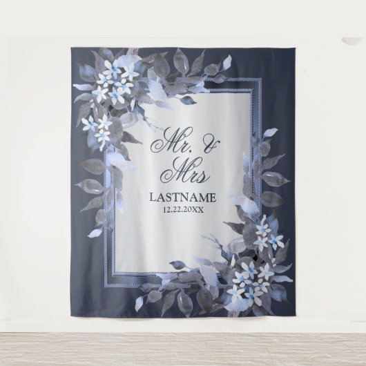 Trouwfeest Navyblauw Bloemmotief Zilver Grijs Mode Wandkleed (Voorkant)