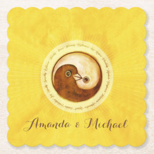 TROUWFEEST ONDERZETTER. Gouden YinYang duiven Kartonnen Onderzetters