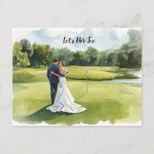Trouwfeest op de golfbaan met bruid en bruidegom briefkaart