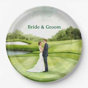 Trouwfeest op golfbaan met bruid en bruidegom op d papieren bordje
