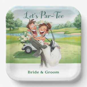 Trouwfeest op golfbaan met bruid en bruidegom op d papieren bordje