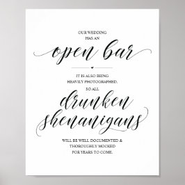 Trouwfeest Open Bar, dronken streken bord Poster