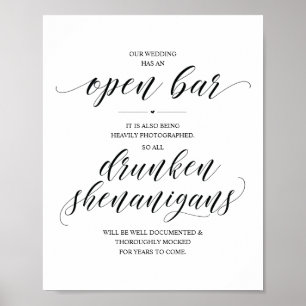 Trouwfeest Open Bar, dronken streken bord Poster