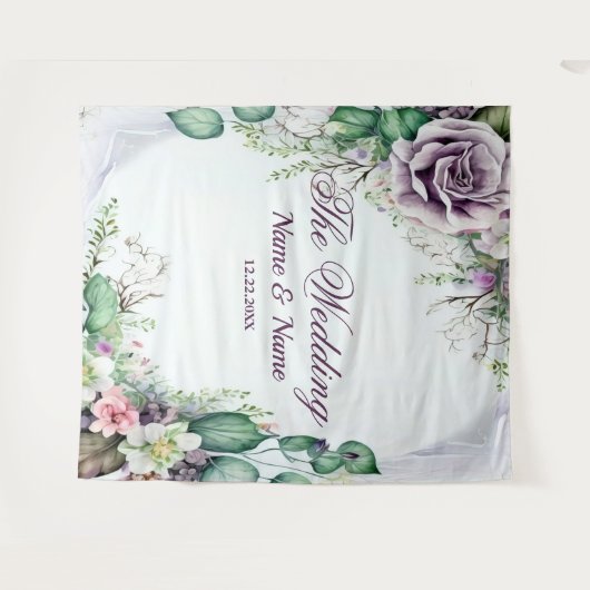 Trouwfeest Paars Bloemmotief Groen Loof Rustiek Wandkleed (Voorkant (horizontaal))