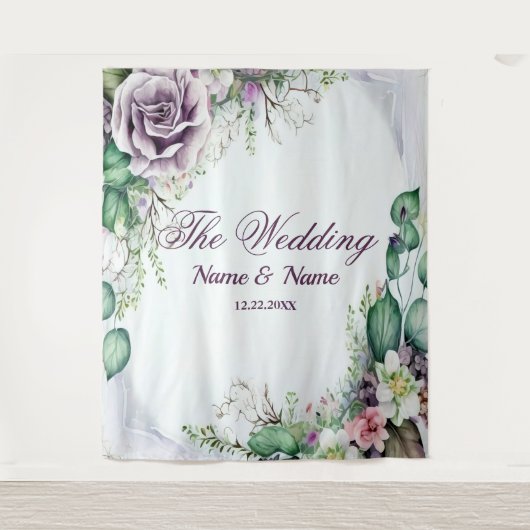 Trouwfeest Paars Bloemmotief Groen Loof Rustiek Wandkleed (Voorkant)