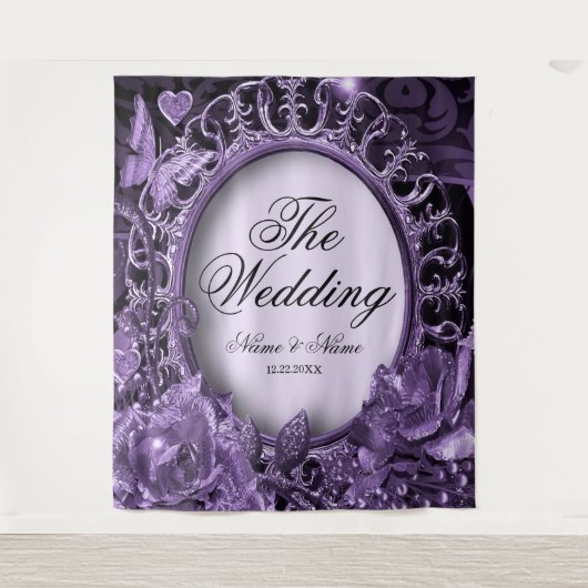 Trouwfeest Paarse Bloemrijke Lijst Elegant Modern Wandkleed (Voorkant)