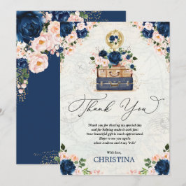Trouwfeest Reizen Trouwdag Navy Blush Bloemen Bedankkaart