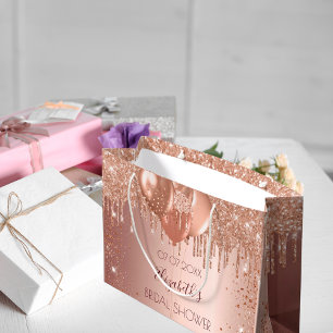 Trouwfeest roze gouden blozende glitterballonnen groot cadeauzakje