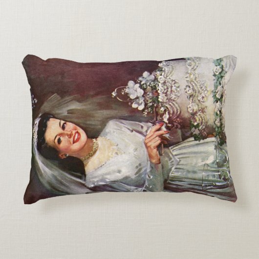 Trouwfeest uit het verleden, bruid snijdt de trouw accent kussen (Voorkant)