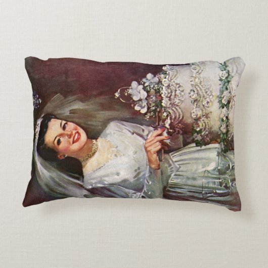 Trouwfeest uit het verleden, bruid snijdt de trouw accent kussen (Achterkant)