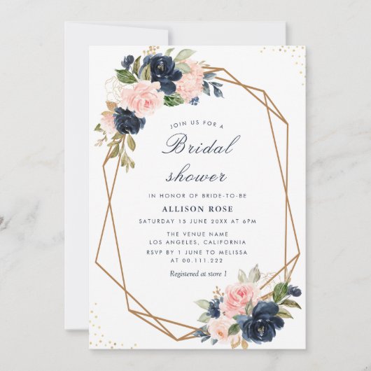 Trouwfeest uitnodiging in marineblauw en roze bloz (Voorkant)