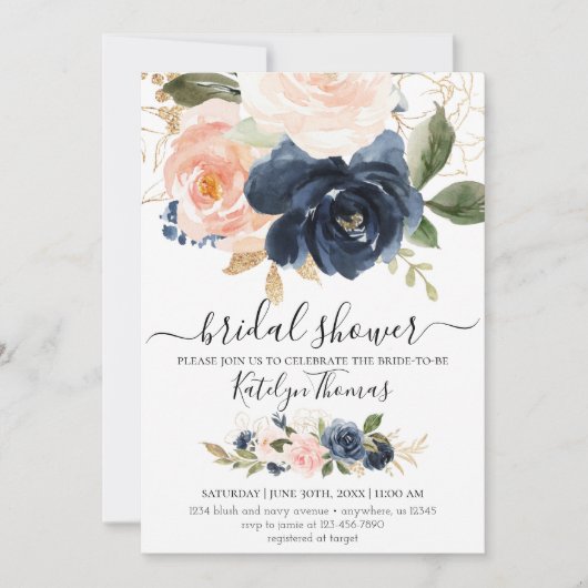 Trouwfeest uitnodiging in Navy en Blush (Voorkant)