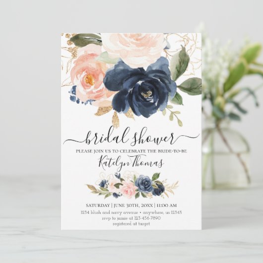 Trouwfeest uitnodiging in Navy en Blush (Staand voorkant)