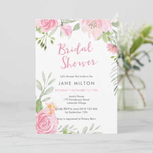 Trouwfeest uitnodiging met bloemen in blosroze kle (Staand voorkant)