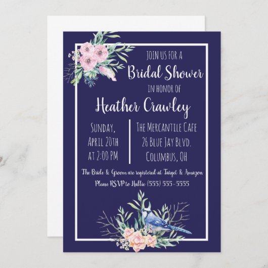 Trouwfeest uitnodiging met bloemmotief en blauwe g (Voorkant / Achterkant)