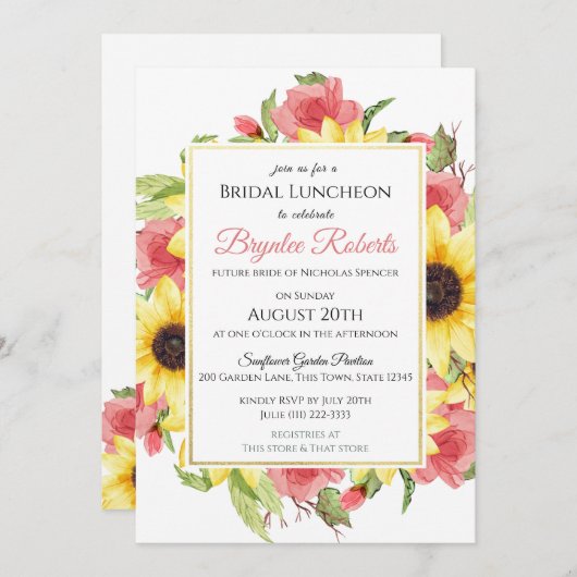 Trouwfeest uitnodiging met zonnebloemen en rozen (Voorkant / Achterkant)