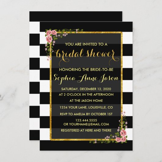 Trouwfeest Uitnodiging met Zwarte Strepen en Goude (Voorkant / Achterkant)