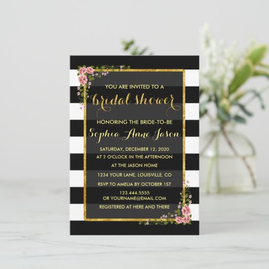 Trouwfeest Uitnodiging met Zwarte Strepen en Goude (Staand voorkant)