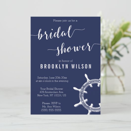 Trouwfeest uitnodigingen in maritiem Navyblauw met (Staand voorkant)