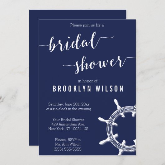 Trouwfeest uitnodigingen in maritiem Navyblauw met (Voorkant / Achterkant)