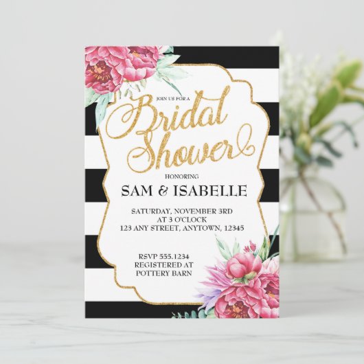 Trouwfeest uitnodigingen met zwart-wit streep (Staand voorkant)