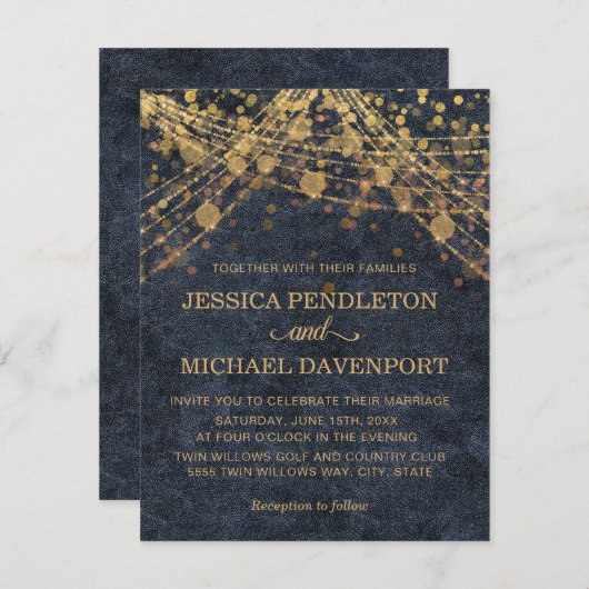 Trouwfeest Verlichting met Navy Blauwe Gouden Glit Kaart (Voorkant / Achterkant)