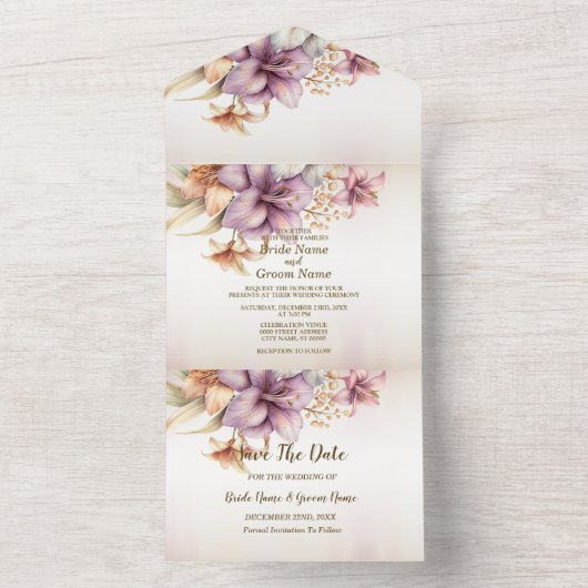 Trouwfeest Waterverf Boho Roze Bloemen Elegant All In One Uitnodiging