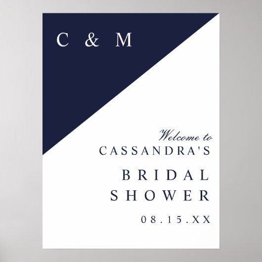 Trouwfeest Welkom Bord met Navy Blauwe Monogram Poster (Voorkant)