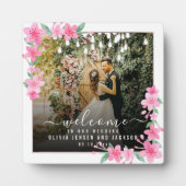 Trouwfeest Welkom Roze Bloemenframe Plaque Fotoplaat (Voorkant)
