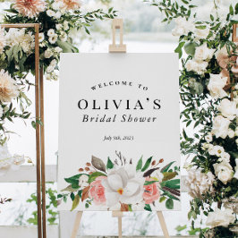 Trouwfeest welkomstbord met bloemen groen wit roze poster