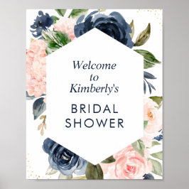 trouwfeest welkomstbord met marineblauw en blos poster