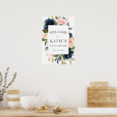 Trouwfeest-welkomstposter met Navy & Blush bloemmo Poster (Keuken)