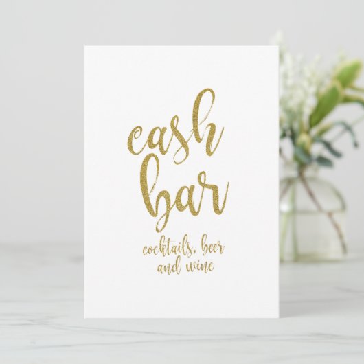 Trouwfeestbord 'Cash Bar' Goud Glitter Betaalbaar Kaart (Staand voorkant)