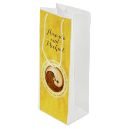 TROUWFLES GESCHENKZAK. Gouden YinYang harmonieduif Wijn Cadeautas