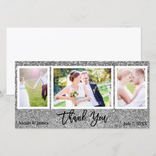 Trouwfoto 3 Foto Afbeelding Zilver Glitter Bedankt (Voorkant / Achterkant)
