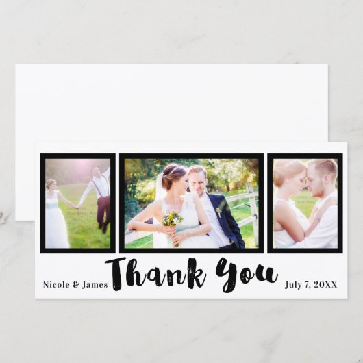 Trouwfoto 3 Foto Afbeelding Zwart Modern Dank je w Bedankkaart (Voorkant / Achterkant)
