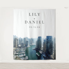 Trouwfoto-achtergrond met skyline van Dubai Wandkleed