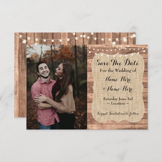 Trouwfoto Bewaar de datum Burlap Wood Verloving Kaart (Voorkant / Achterkant)