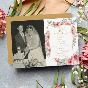 Trouwfoto Bloemrijke Roos 50ste Gouden Huwelijksju Kaart