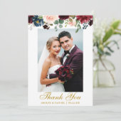 Trouwfoto Bourgogne Blauwe Waterverf Bloemengoud Bedankkaart (Staand voorkant)