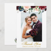 Trouwfoto Bourgogne Blauwe Waterverf Bloemengoud Bedankkaart (Voorkant / Achterkant)